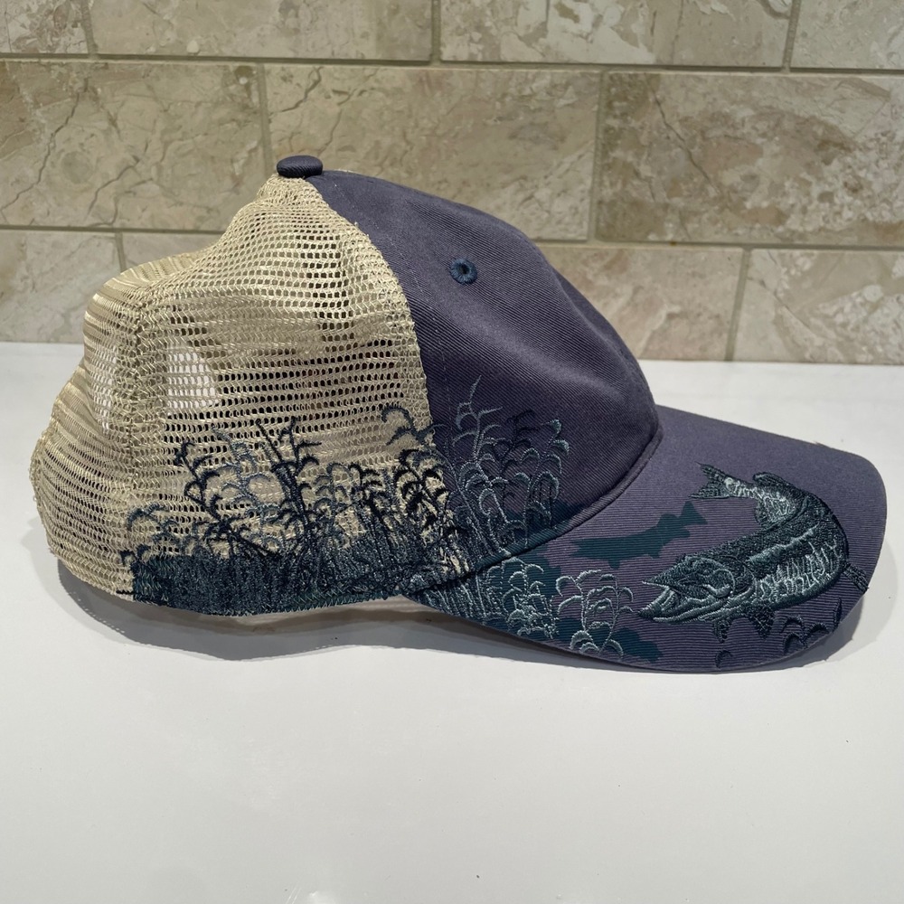 Dri Duck Wildlife Series Bass Fishing Trucker Hat Navy Blue Tan Mesh Adjustable